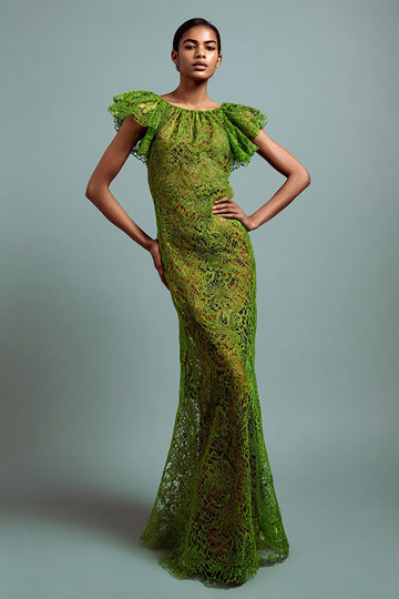 Green Lace Sheath Boat Neck Long Formal Dress with Sleeves